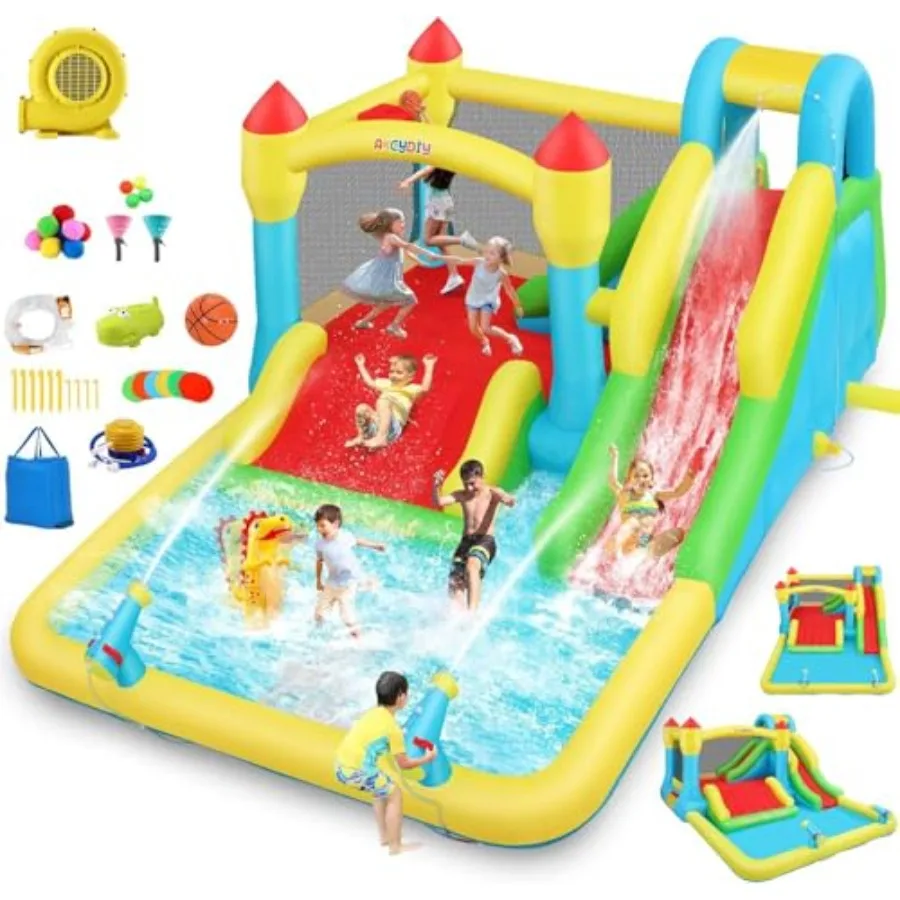 Outdoor/Indoor inflatable water bounce house for kids 3-12 PVC material blue and yellow triple slides with climbing wall ball p