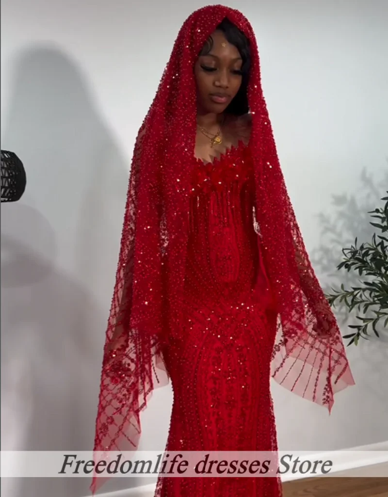 

Red Mermaid Prom Dresses For Black Girls 2026 Luxury Sequins Beaded Crystal Tassel Evening Dress With Party Gowns Customized