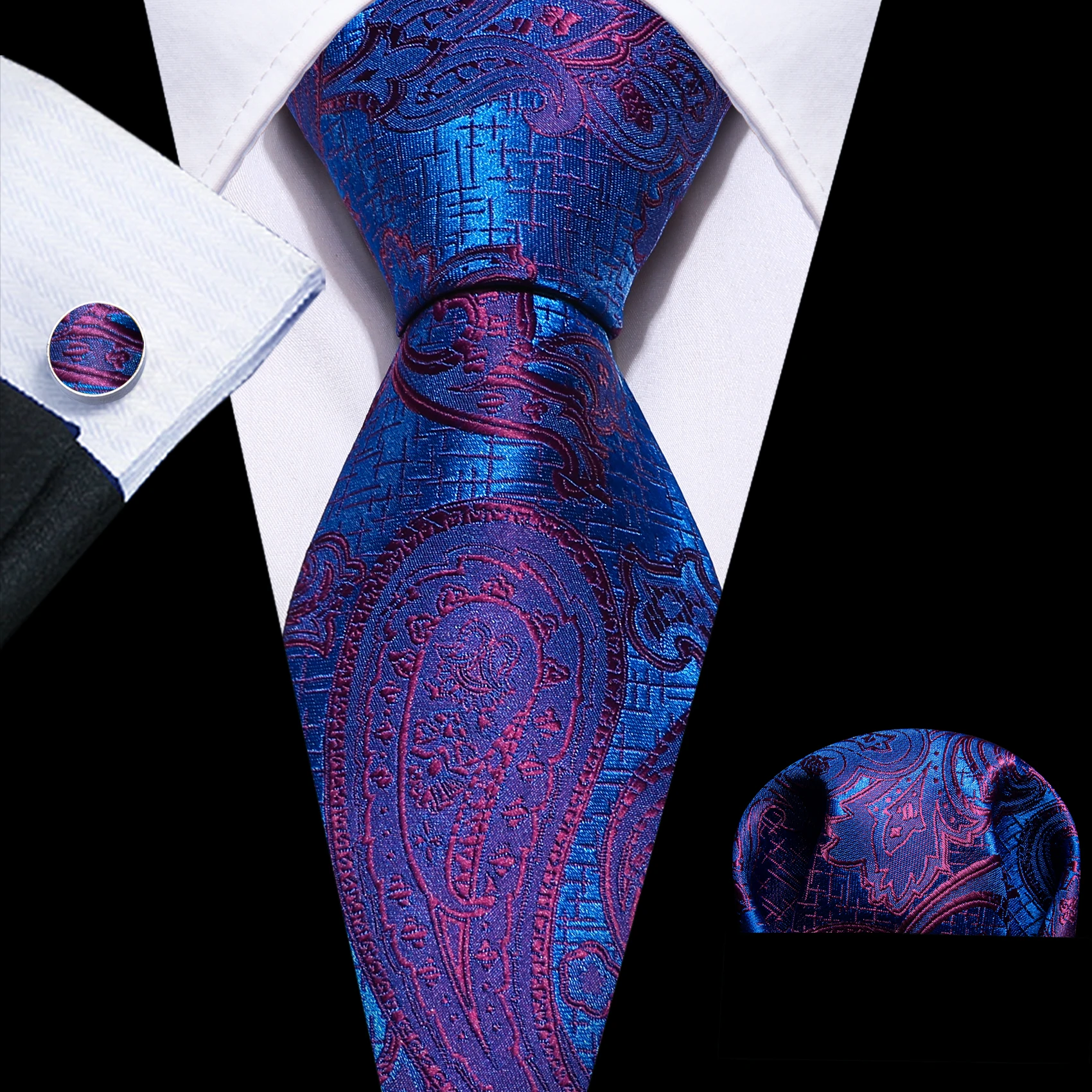 Cravatta Paisley rossa di lusso per uomo smoking Business Fashion Silk Wedding cravatta da uomo tascabile gemelli quadrati Set cravatte floreali viola