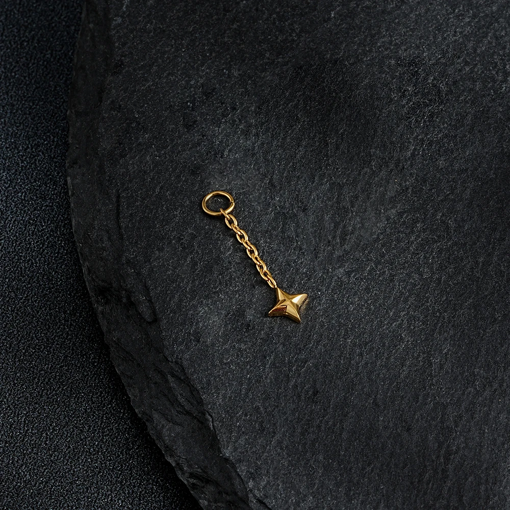 Right Grand ASTM F136 Titanium Mini Four Point Star Dangle Chain Charm for Helix Earlobe Hoop Huggie Earring Cartilage Tragus Nose Labret Lip Piercing Body Jewelry
