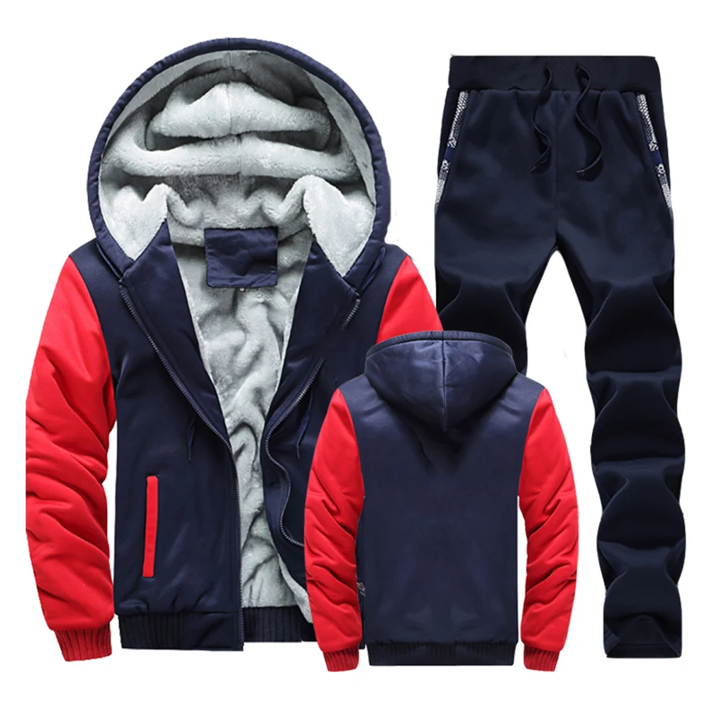 Winter Men Tracksuit Hooded Sportswear Zipper Jacket Fleece Trousers Men\'s Warm Solid Color Casual Men\'s Sports Suit