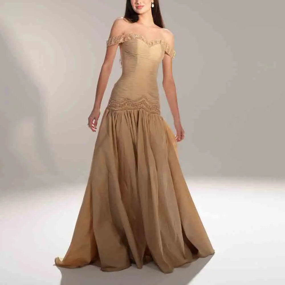 Customized Champagne Off The Shoulder Prom Gown Beaded Corset Pleated Evening Dress A Line Long Formal Dress Arabic Dubai