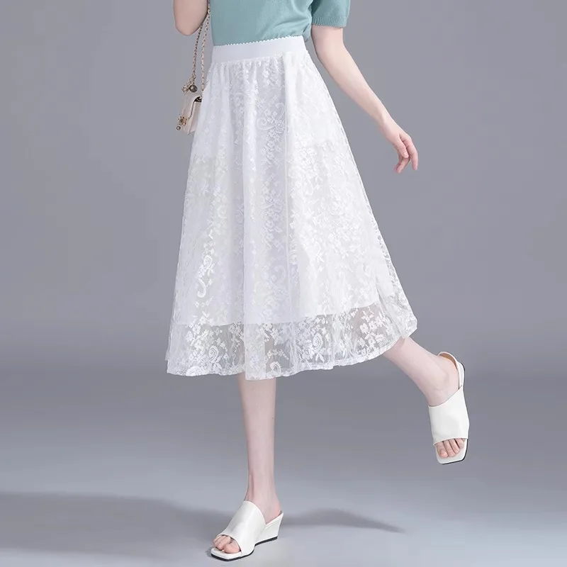 تنورة مظلة بيضاء للنساء، خصر عالي، متوسط الطول، نمط صيفي رقيق، تنورة منتفخة أنيقة ومتعددة الاستخدامات