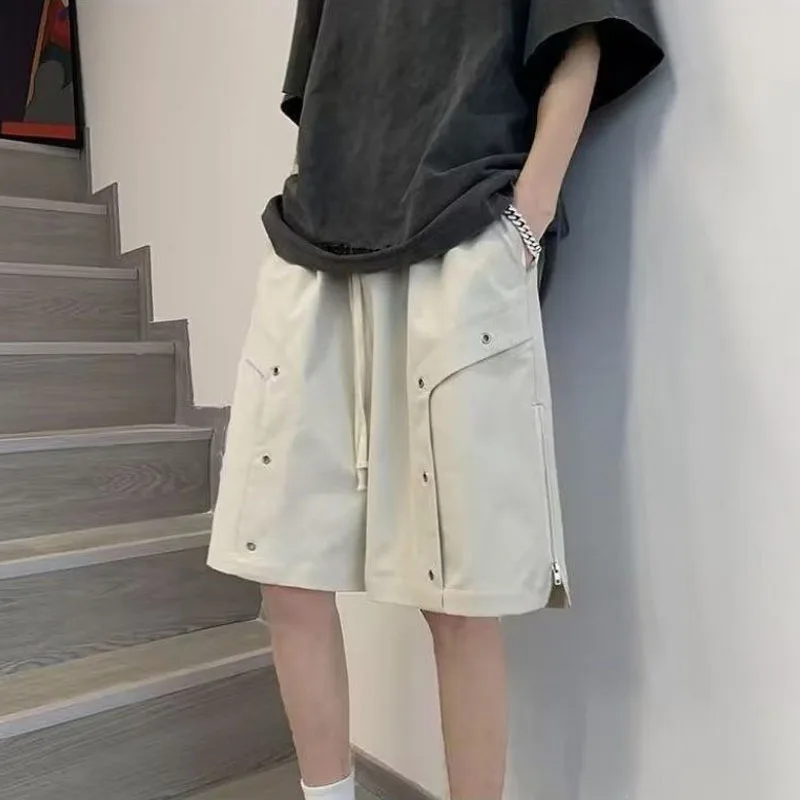 2024 Summer New Men's Solid Color Pockets Zipper Elastic Drawstring Fashion High Street Leisure Loose Sports Knee Pants