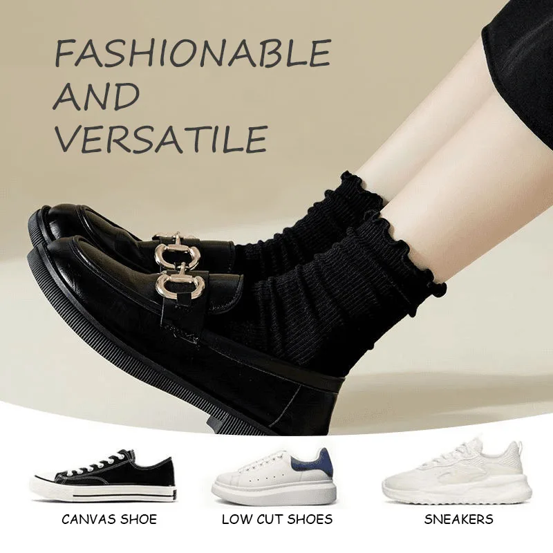 لطيف القطن لينة الأوسط أنبوب أسود أبيض تنفس الفتيات Waveselvedge الجوارب للنساء Harajuku Kawaii الصلبة مكشكش كشكش الجوارب #2