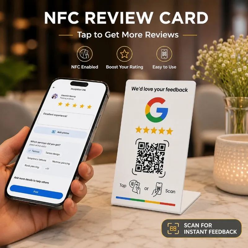 1/5PCS NTAG215 NFC Feedback Card with Editable QR Link, Desktop Google Review Stand for Restaurants, Salons and Stores