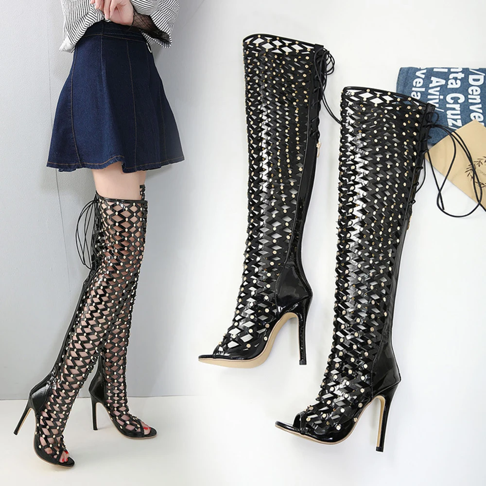Leatherwork Rivets - Novas Botas Femininas Primavera/Verão com Rebites,