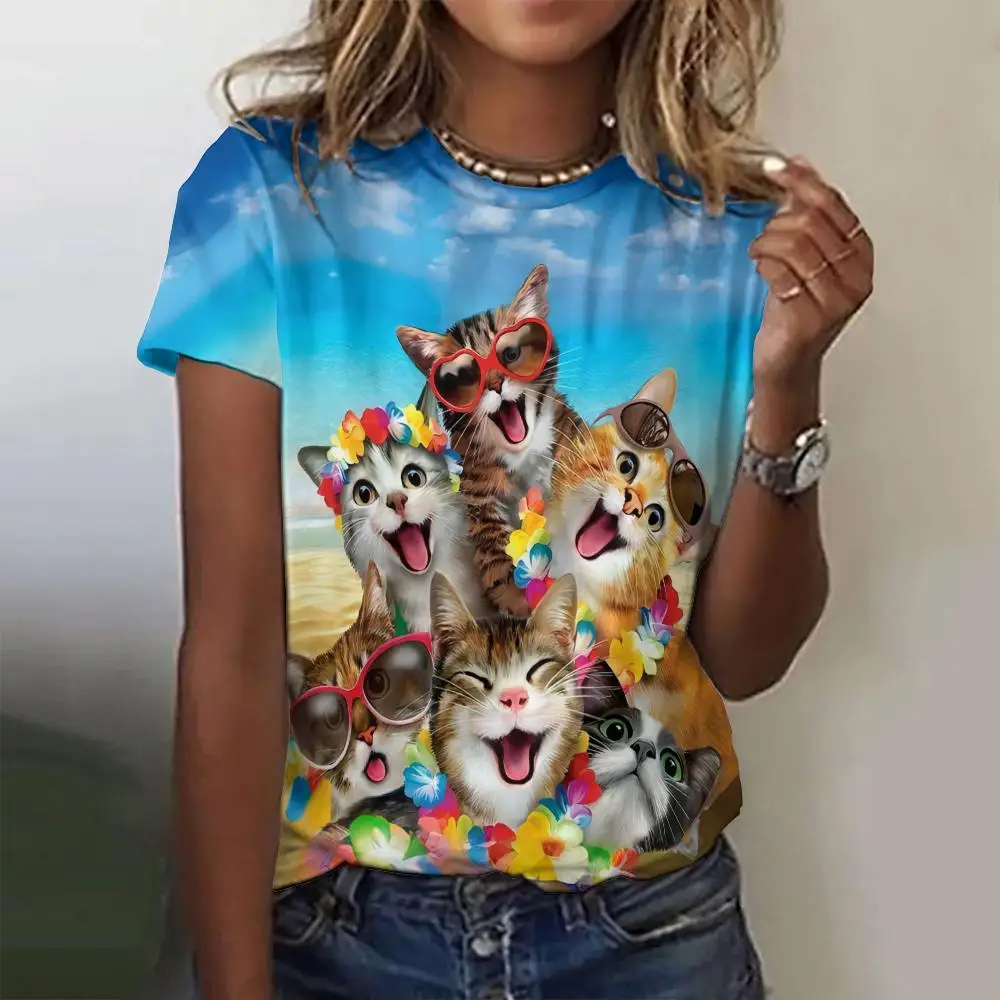 

2025 Cartoon Cat Women's T-Shirt Retro Animal 3d Print Summer O Neck T-Shirt Women's Clothing Fashion Short Sleeved Casual Top