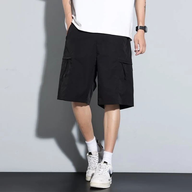 

Men Summer Youth Popular Casual Short Pants Classic Loose Straight Leg Elastic Waist Pants Male Multiple Pockets Cargo Pants
