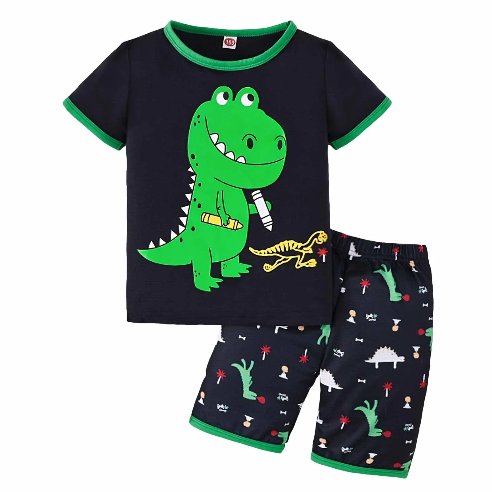 

Troop Jogging Suit Boys Short Sleeved Twopiece Set With Cute Dinosaur And Brush Print Baby Suspender