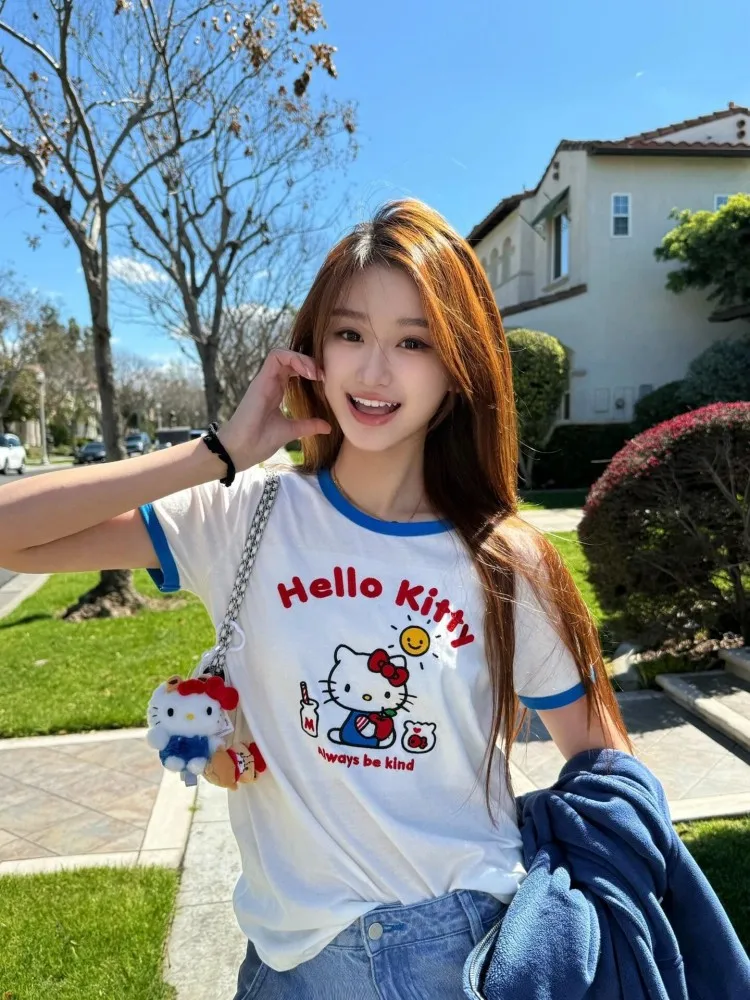 Sanrio Hello Kitty Women's Short Sleeve T-Shirt Summer Anime Cute Comfy Soft White Tops Student Shirt Travel Attire ﻿