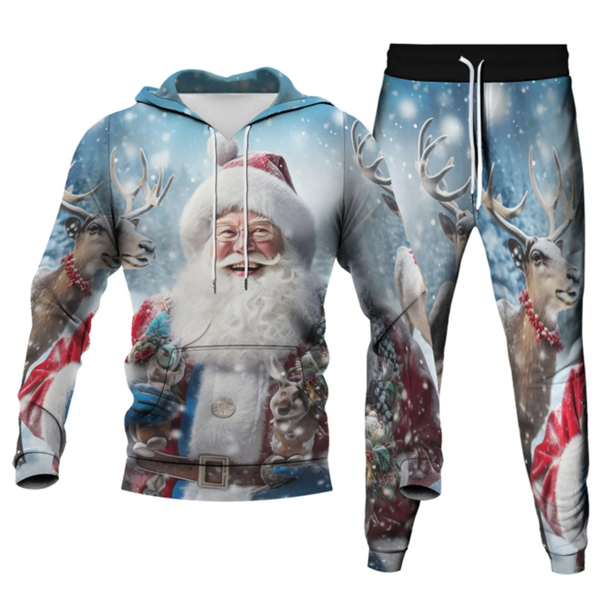 2024 New Unisex 3D Christmas Santa Claus Print Hoodies & Sweatshirts Pants Adult Two Pieces Tracksuit Men Women Xmas Joggers Set