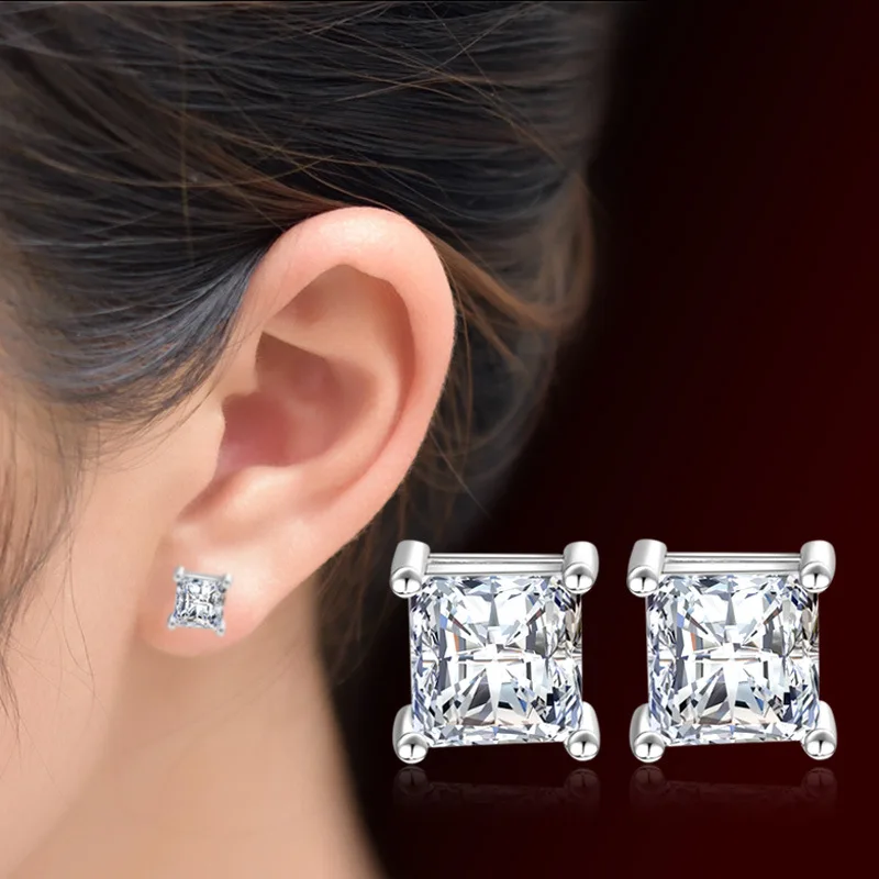925 Sterling Silver Classic Princess Cut Square Cubic Zirconia Stud Earrings 4 Prong Earrings for Women Men Daily Jewelry Gift