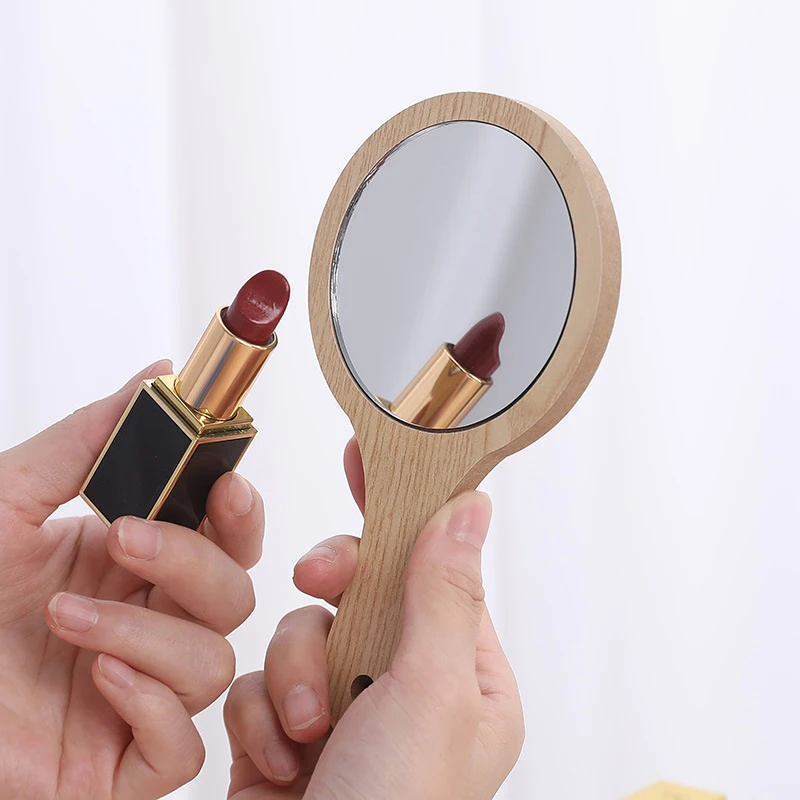 1PC Portable Round Wood Vintage Hand Mirror Women Long Handle Make Up Mirrors Home Decoration