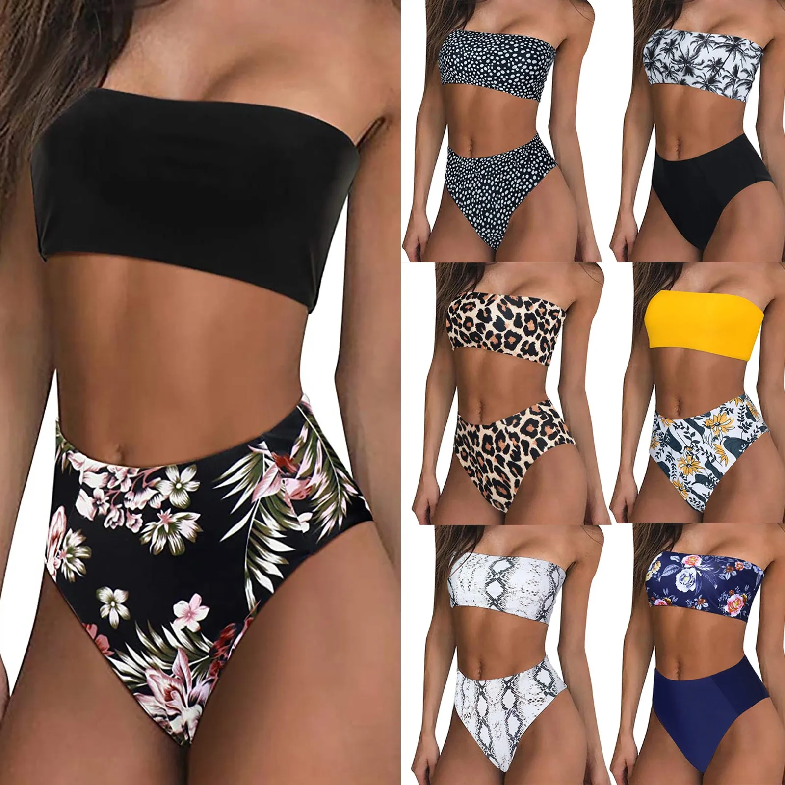 Women'S Bandeau Swimsuit Set Fashion Flower Printing Solid Padded Push Up 2 Piece Bikini Casual High Waist Briefs Swimsuits