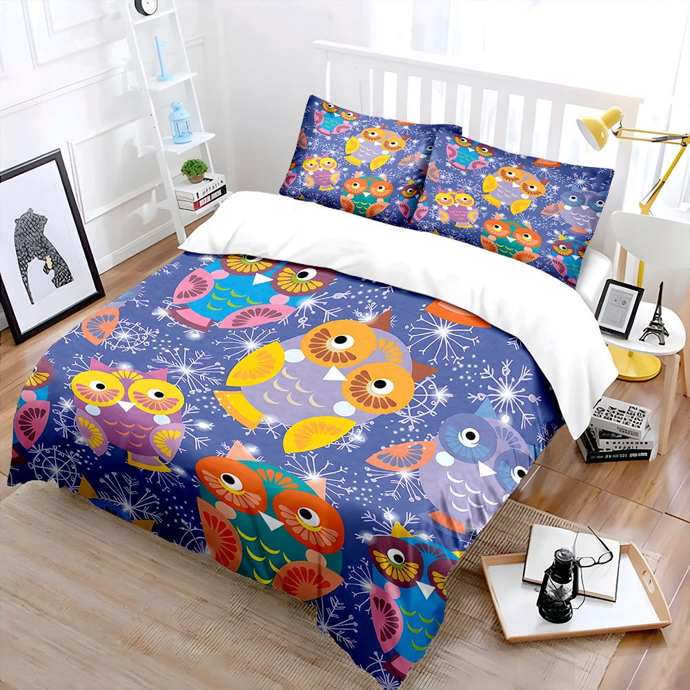 Colorful owls with snowflake Pattern Duvet Cover Set Digital Print Colorful Polyester Bedding with Zipper Closur for kids gifts