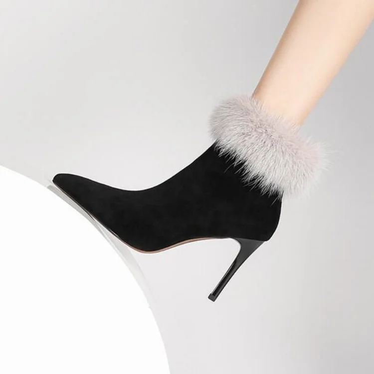 

Black Suede Women Winter Ankle Boots Sexy Pointed Toe Short Botas Luxury Mink Fur Thin High Heels Dress Party Botines Femininos