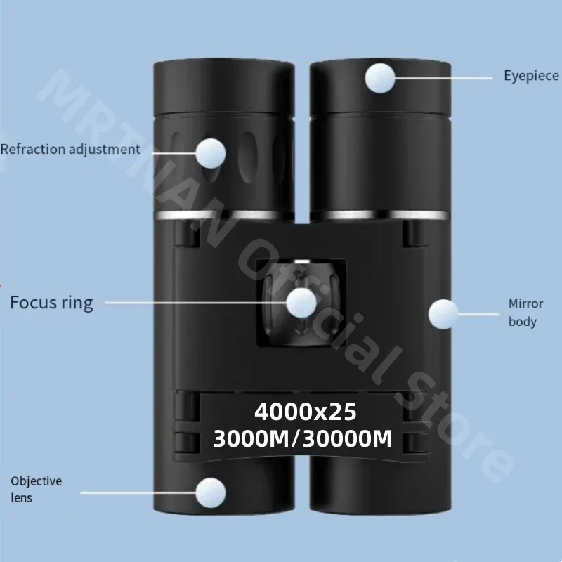 4000X25 High Definition Long Range Binoculars Folding Portable High Power Zoom Optical Telescope with Low Light Performance For