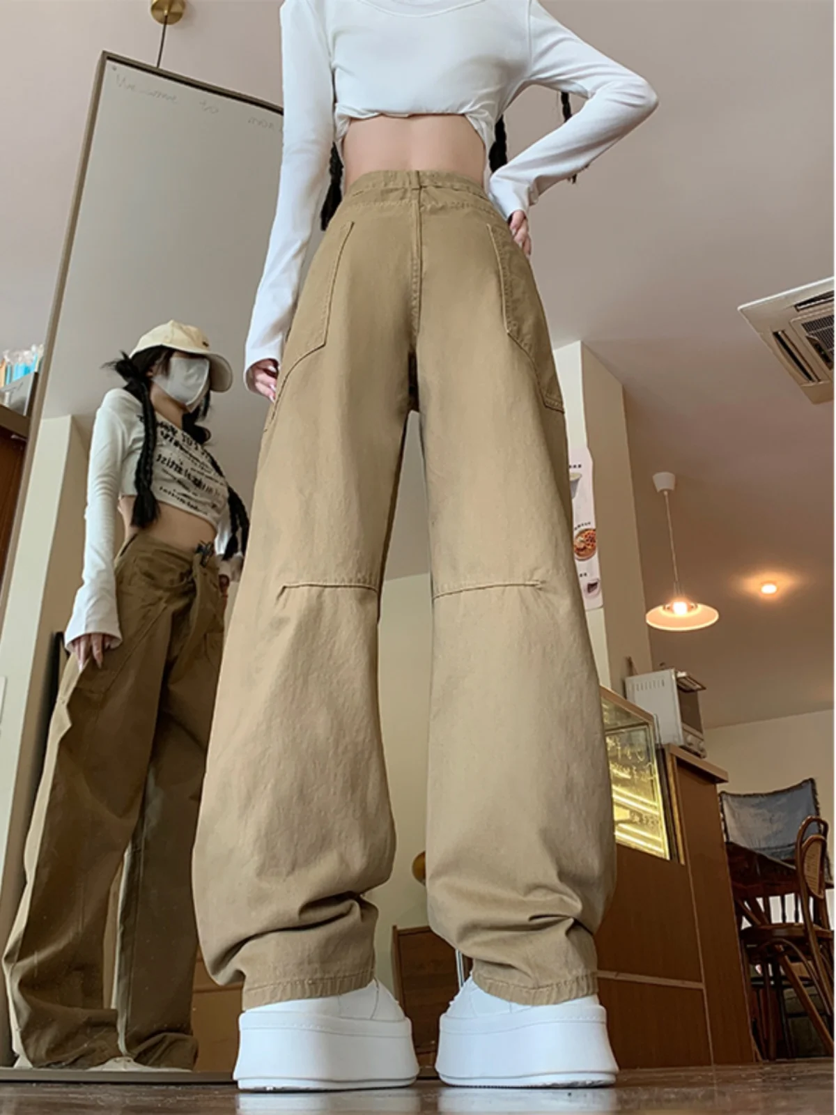 Khaki Arbeitskleidung Jeans Damen Hohe Taille Breites Bein Messerhose Herbst Neue Sle Pear Ape Abnehmen Europäische Größe Groß
