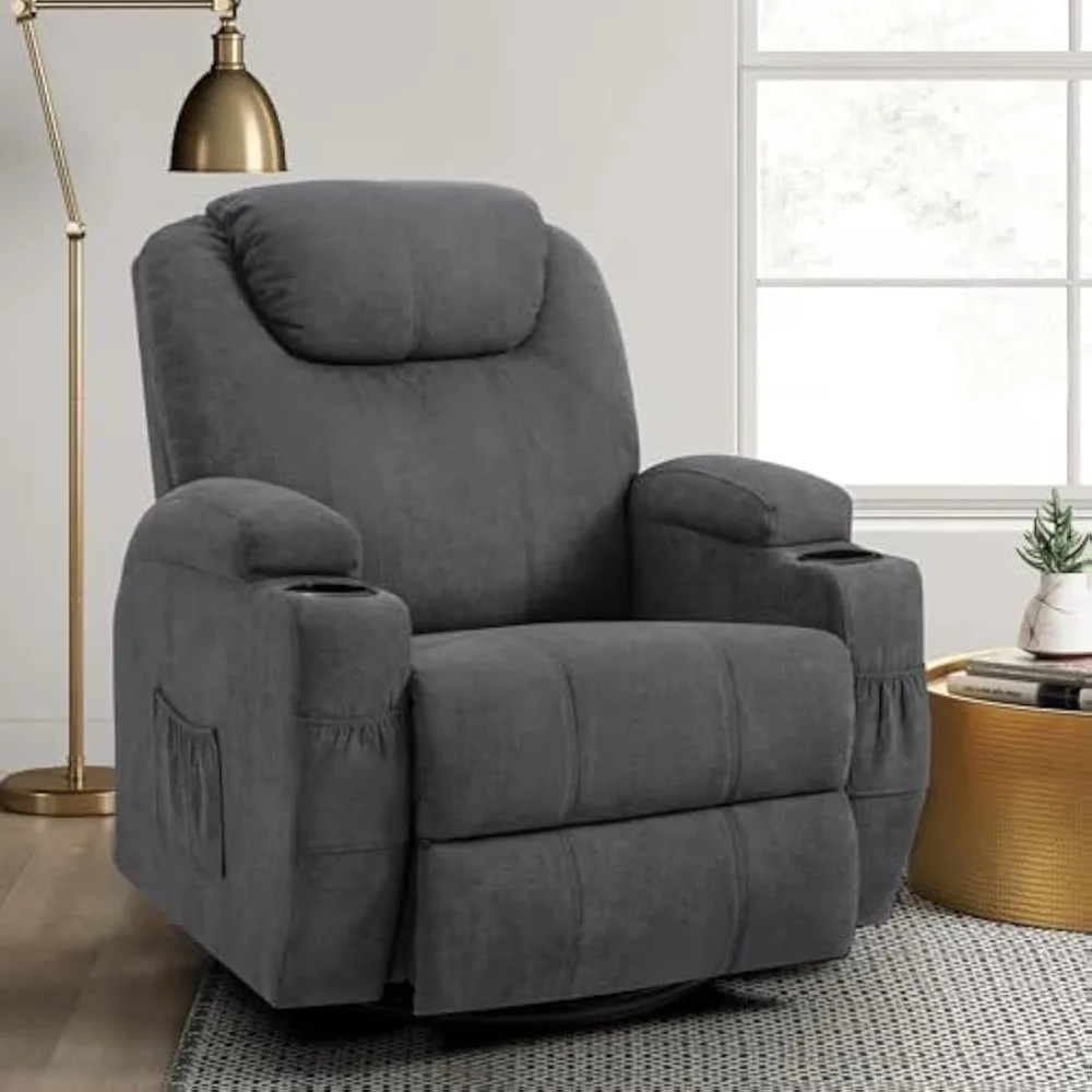 Swivel Rocker Recliner with Massage and Heating Functions, Sofa Chair with Remote Control and Two Cup Holders