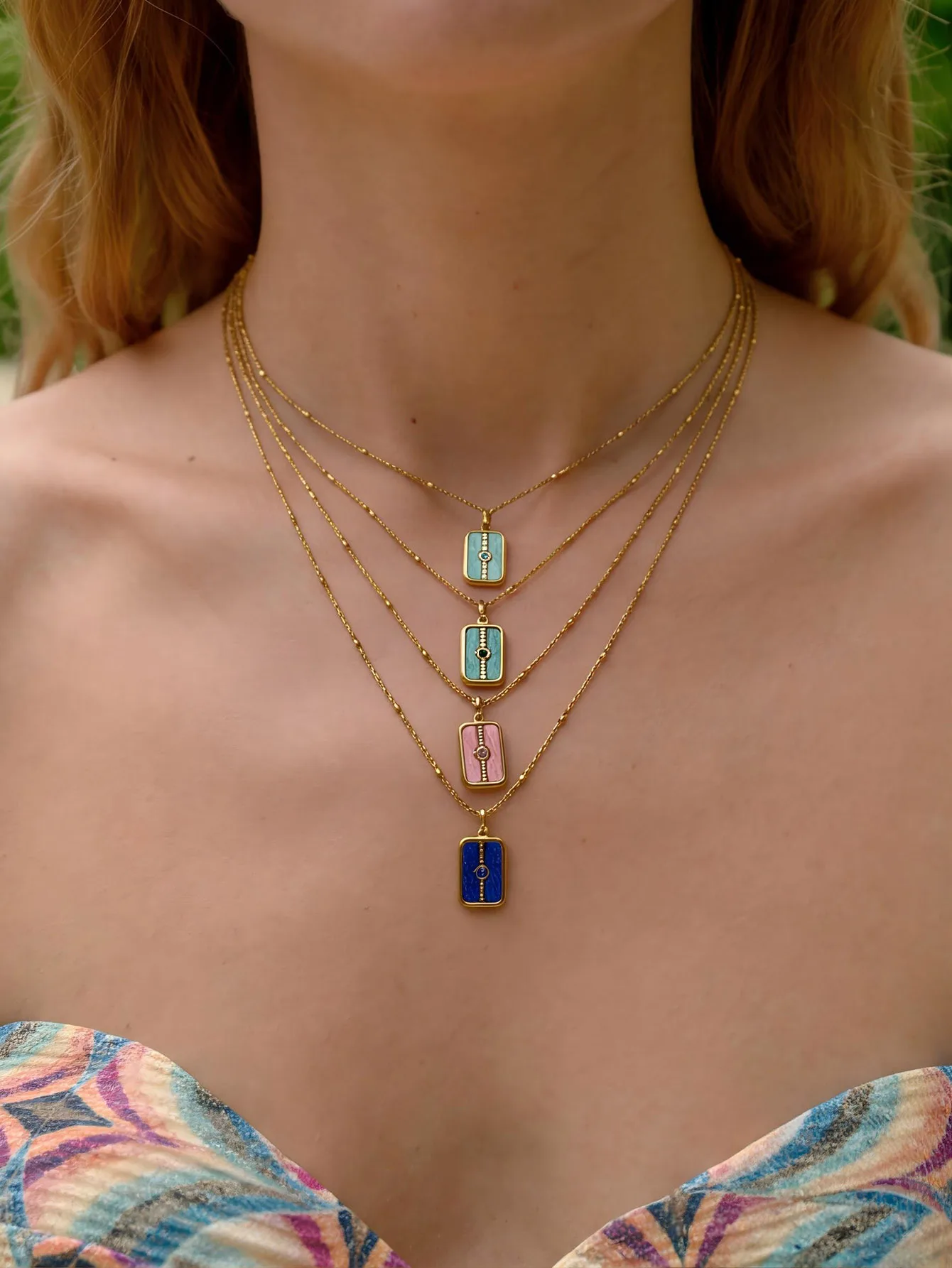 GHIDBK Stainless Steel Dopamine Natural Stone Women Geometric Pendant Necklace Stainless Steel Collarbone Chain Daily Jewelry