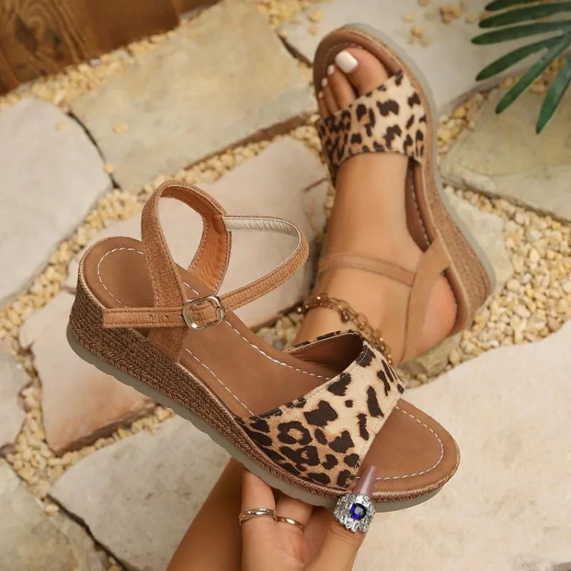 

Summer Women Leopard Print Wedge Sandals 2025 Fashion Ankle Strap Simple Strap Non Slip Women's Shoes Comfort High Heel Sandals
