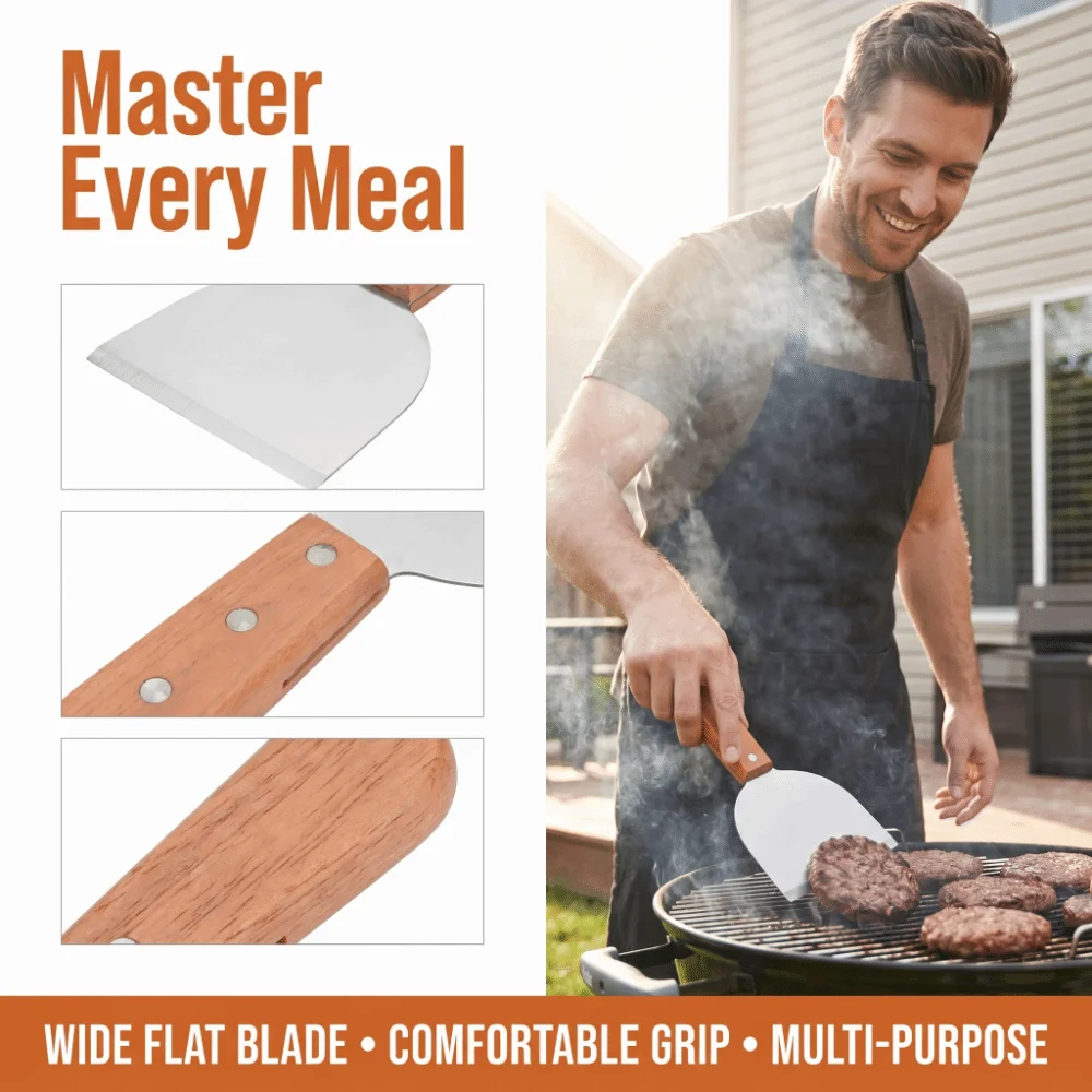 Stainless Steel Grill Scraper Wooden Handle Wide Flat Head Spatula Three Rivets Handheld Size Pizza Spatula Griddle Cooking