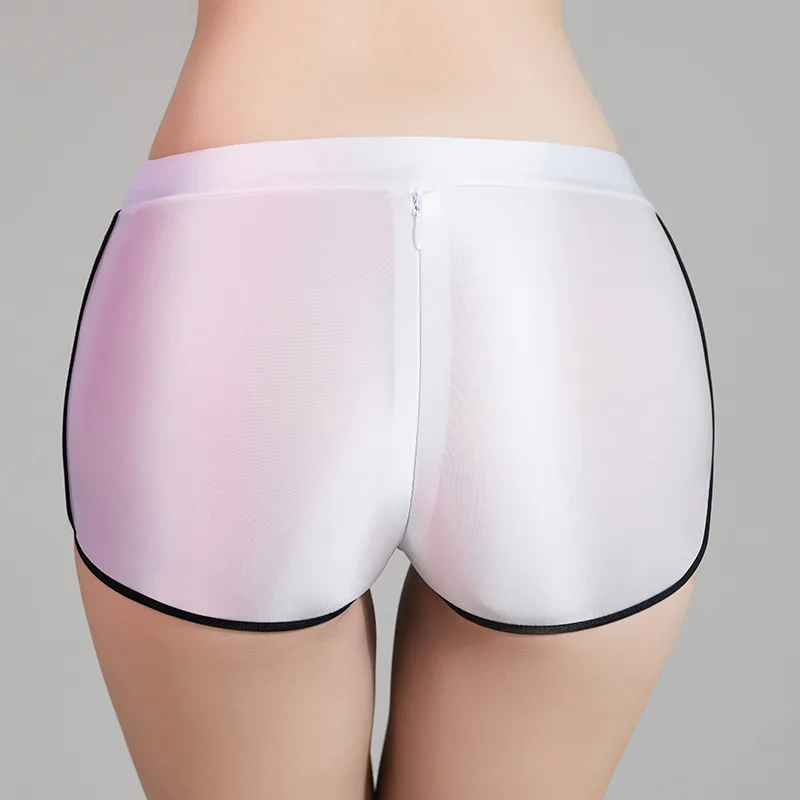 Shiny Glossy Women Boxer Zipper Open Crotch Shorts Push Up Butt High Waisted Control Tummy Sexy Casual Shorts Lift Hip Shapewear