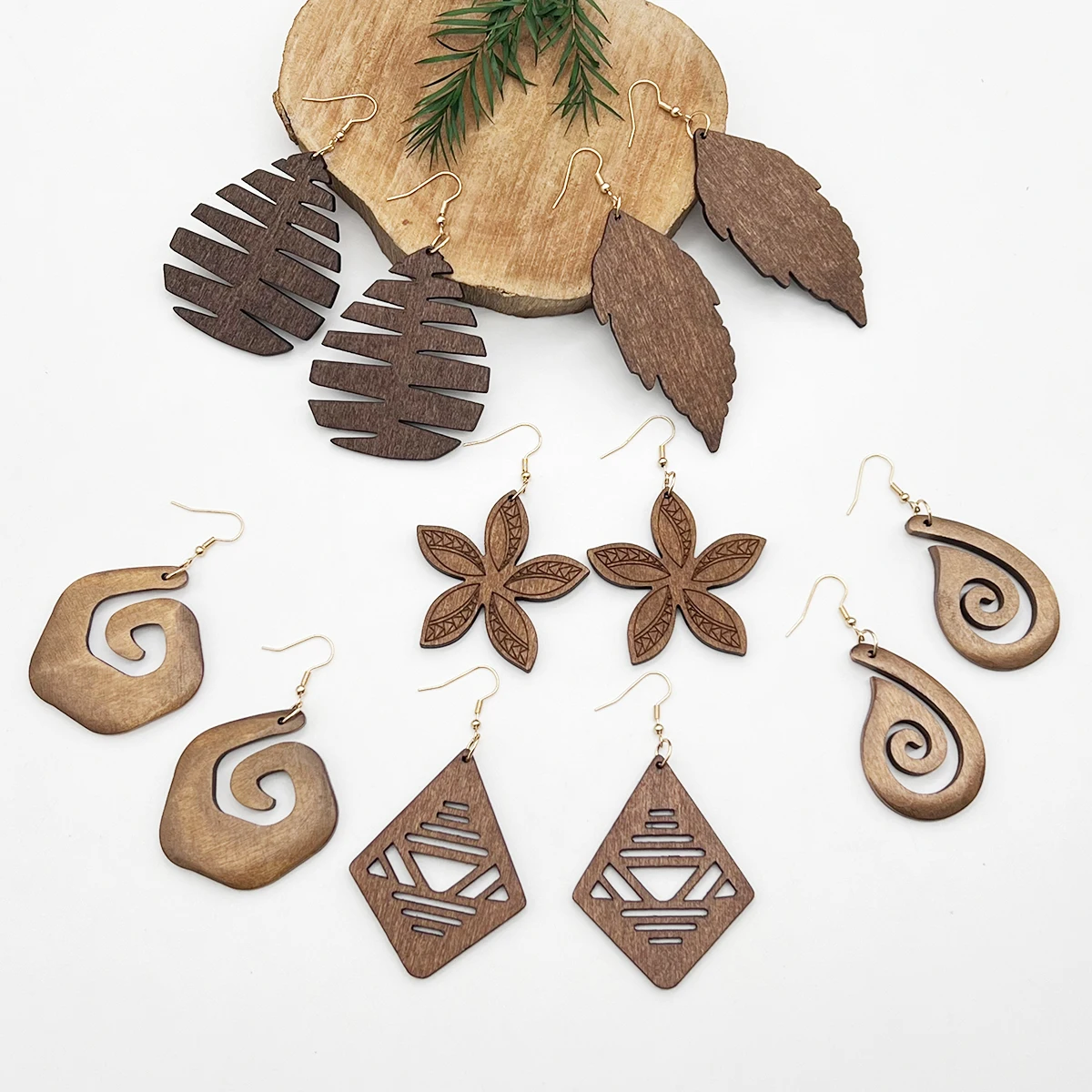 6 Pairs/Set of Retro Fashion Bohemian Simple Personalized Holiday Style Wooden Earrings