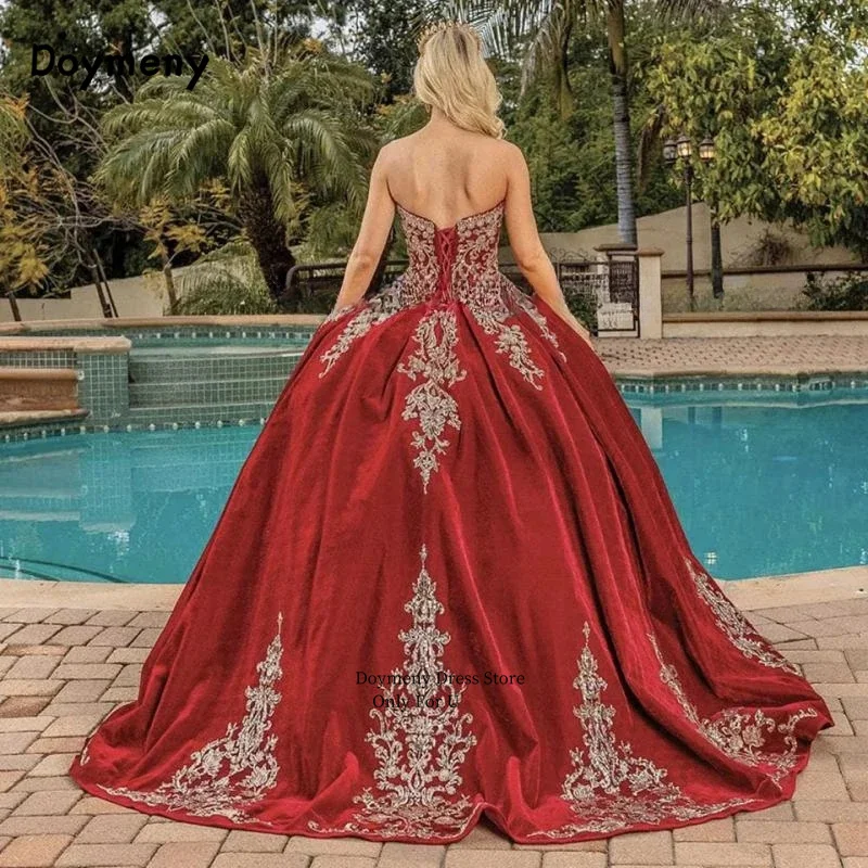 Doymeny Sweetheart Velvet Appliques Quinceanera Dress Sleeveless Corset Moroccan Caftan Princess Evening Dresses Party Gown