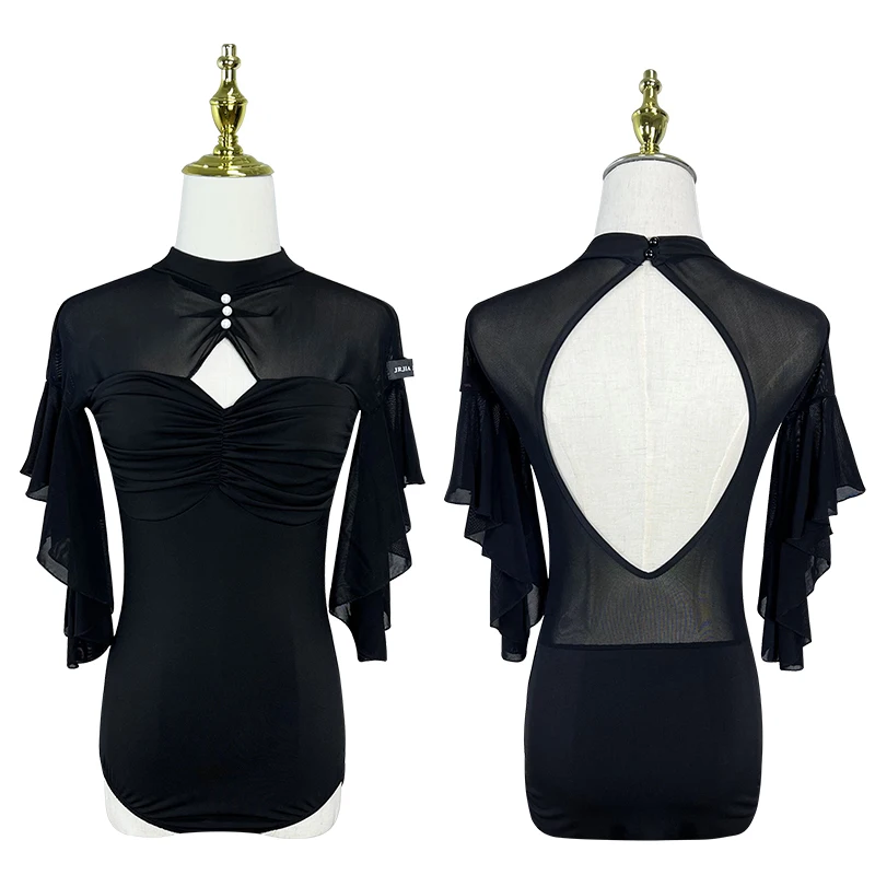 Tops de baile de salón para mujer, Body negro con mangas de hadas, ropa de práctica de baile latino para adultos, Ropa de baile de Rumba, Vals, DNV18873