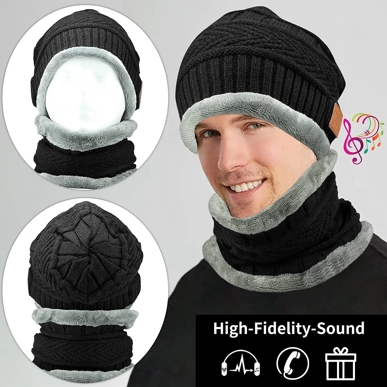 Gorro con Bluetooth V5.0 2 en 1, gorro con bufanda, gorro Musical cálido de invierno con bufanda para llamadas manos libres, gor