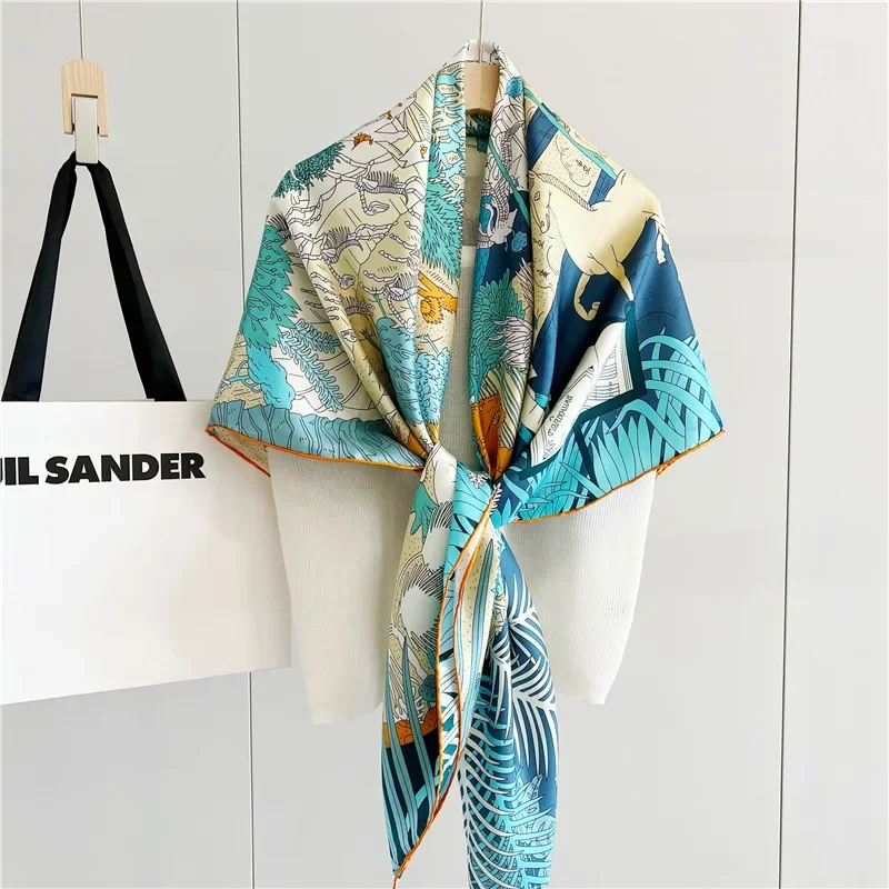 Animal Carnival Twill Silk Scarf for Women's Spring and Summer New Silk Square Scarf for Travel, Big Shawl Scarf, Dual Use