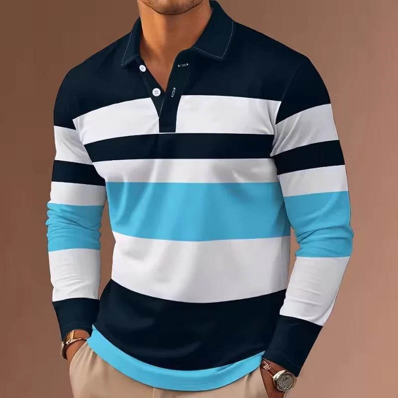 

New Fashion Classic Stripe Printed Men's Long Sleeve Polo Spring Casual Comfortable Fit Button Polo Tops Street Man Pullover