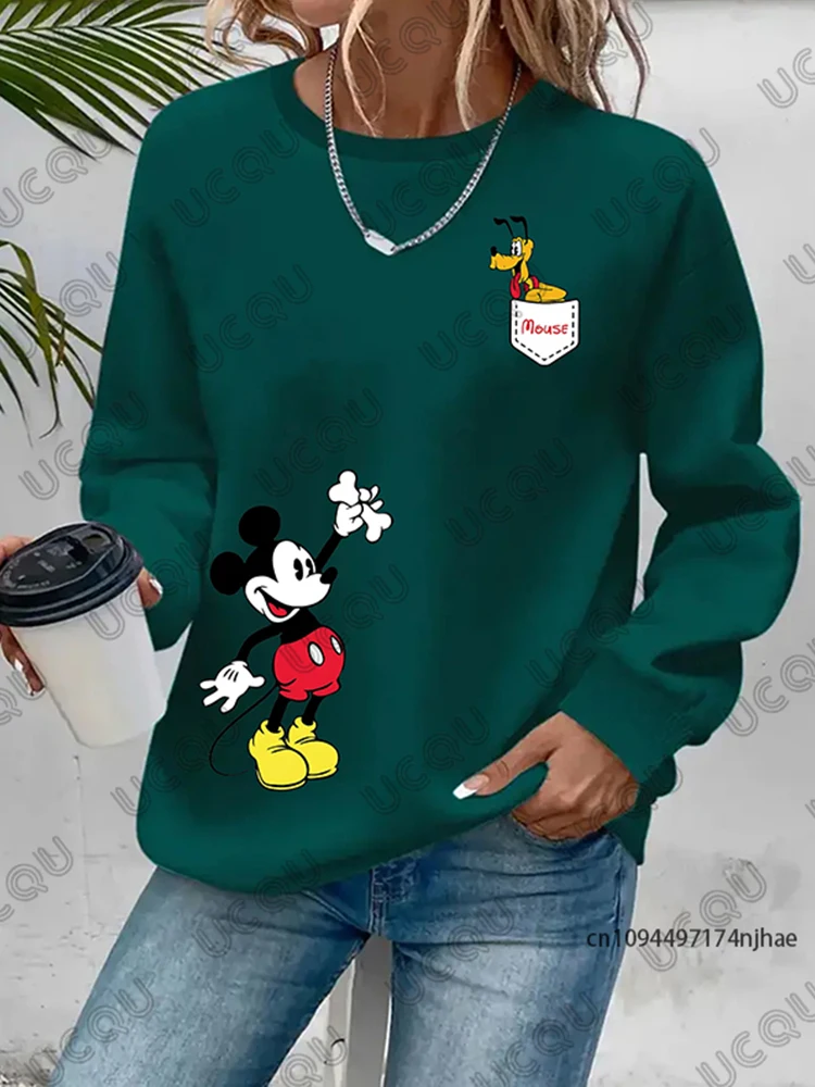 مينو ميكي ماوس وبلوتو طباعة كم طويل تي شيرت للنساء الخريف موضة بلون بلوزات غير رسمية بلوزات المتضخم
