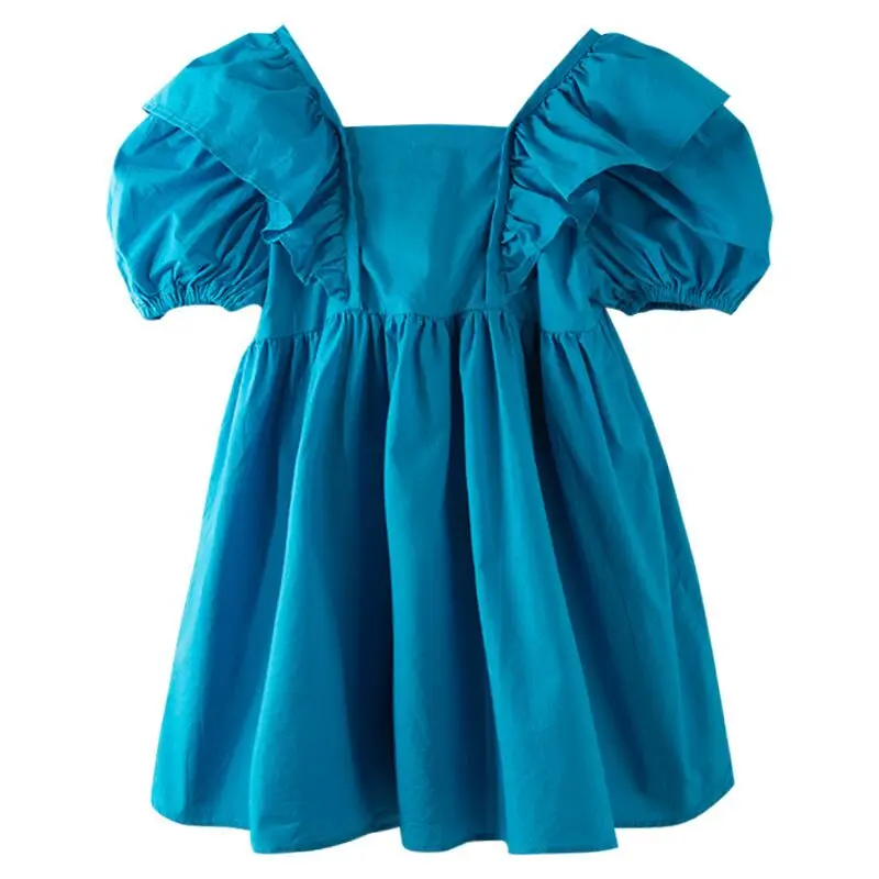Children's Summer Dress 2024 Girls' New Korean Edition Blue Pure Cotton Bubble Sleeve Dress Infant Princess Dress 0-6Y