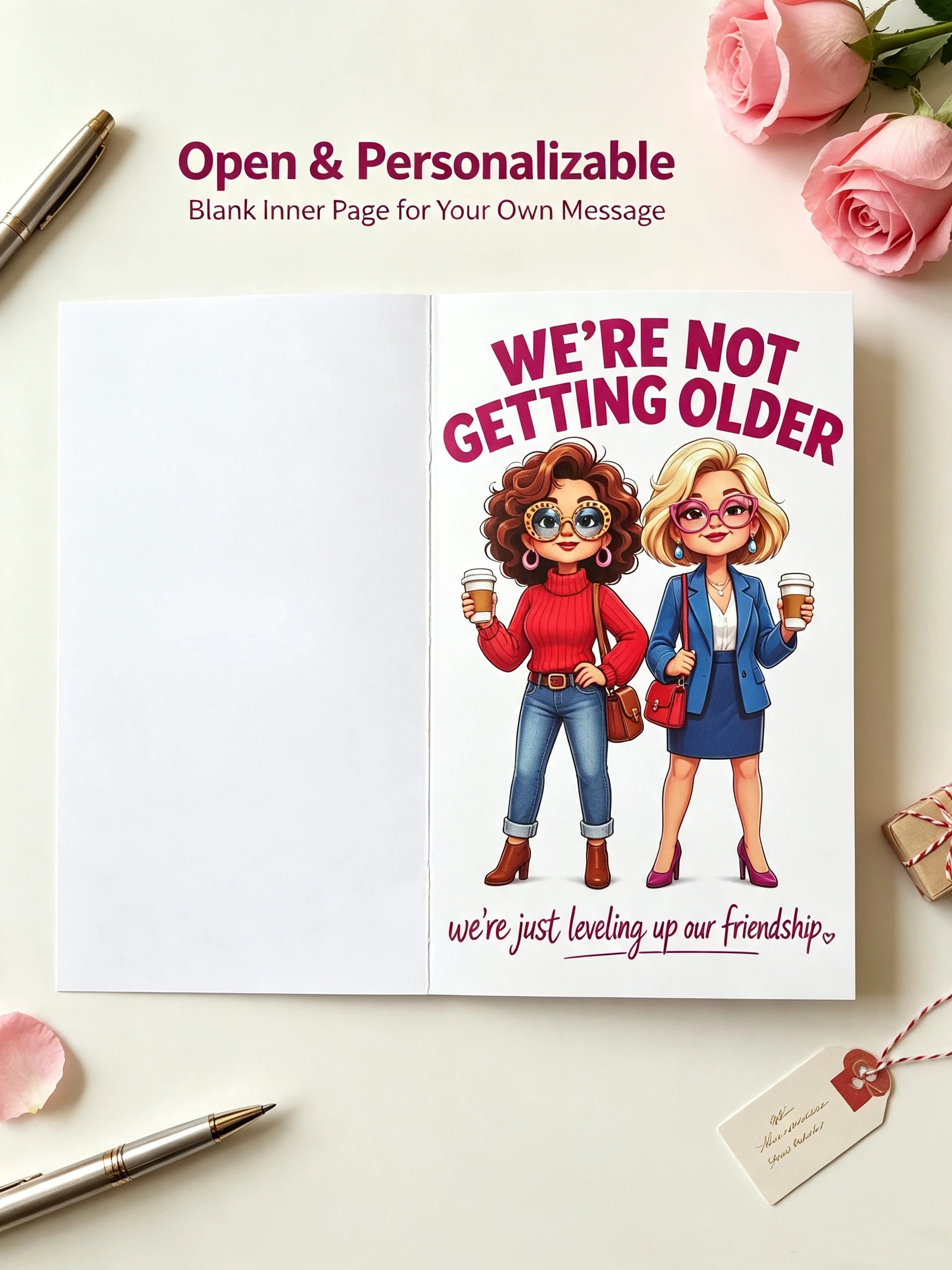 Humorous BFF Birthday Greeting Card, “We're Not Getting Older Just Leveling Up Friendship” Funny Quote Card, Cute Cartoon Girl F
