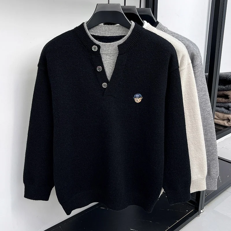 Koreanischer Freizeitpullover für Herren mit langen Ärmeln, Knopfleiste, Farbblockierung, zweiteiliger Optik, Stickerei, Strickware, modische Herrenbekleidung – Detail 18