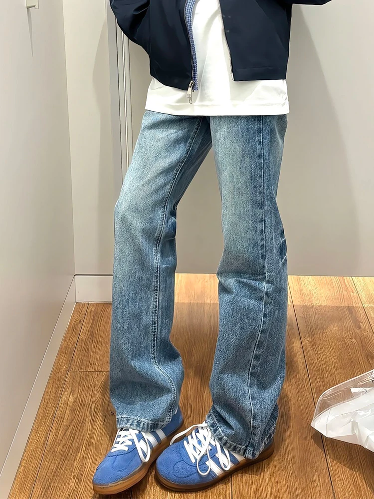 Waed Blue High Street Vibe Men's Jeans Straight Leg Slim Fit Micro Flare Autumn Clean Fit Denim mid Waist Zipper Casual