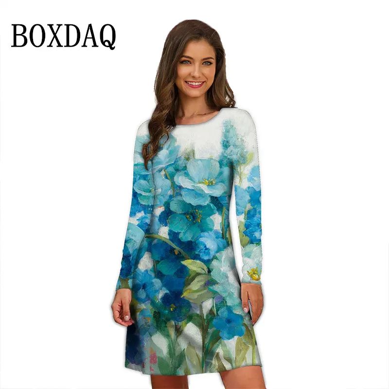 2023 New Spring Dresses For Women Floral Print Long Sleeve Dress Casual O-Neck Loose Clothing Ladies Autumn Oversized Mini Dress