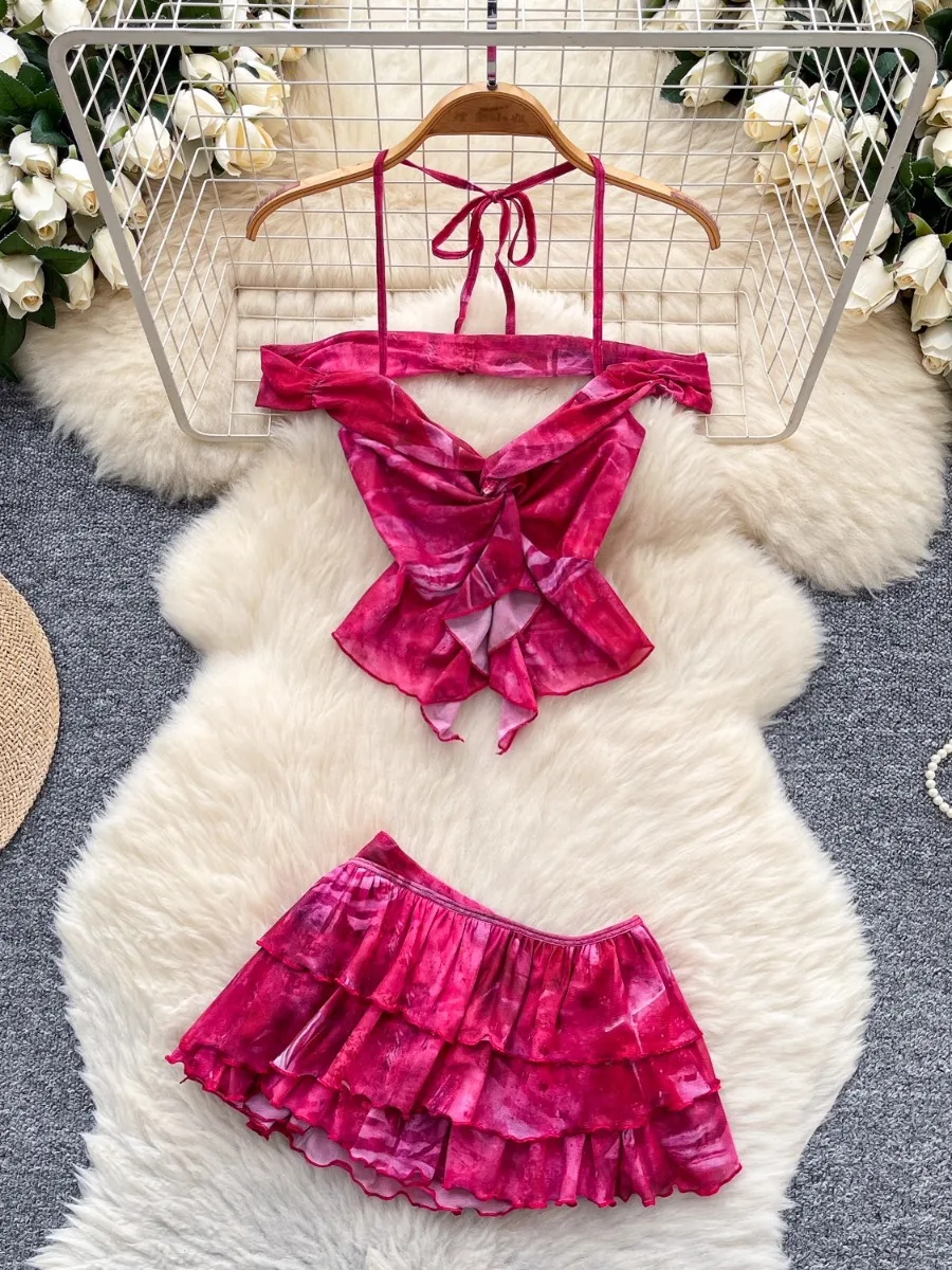 

Foamlina High Street Girl's Twisted Halter Ruffle Top + High Waist Mini Skirt Outfit For Women Two Piece Skirt Set 2025 Summer