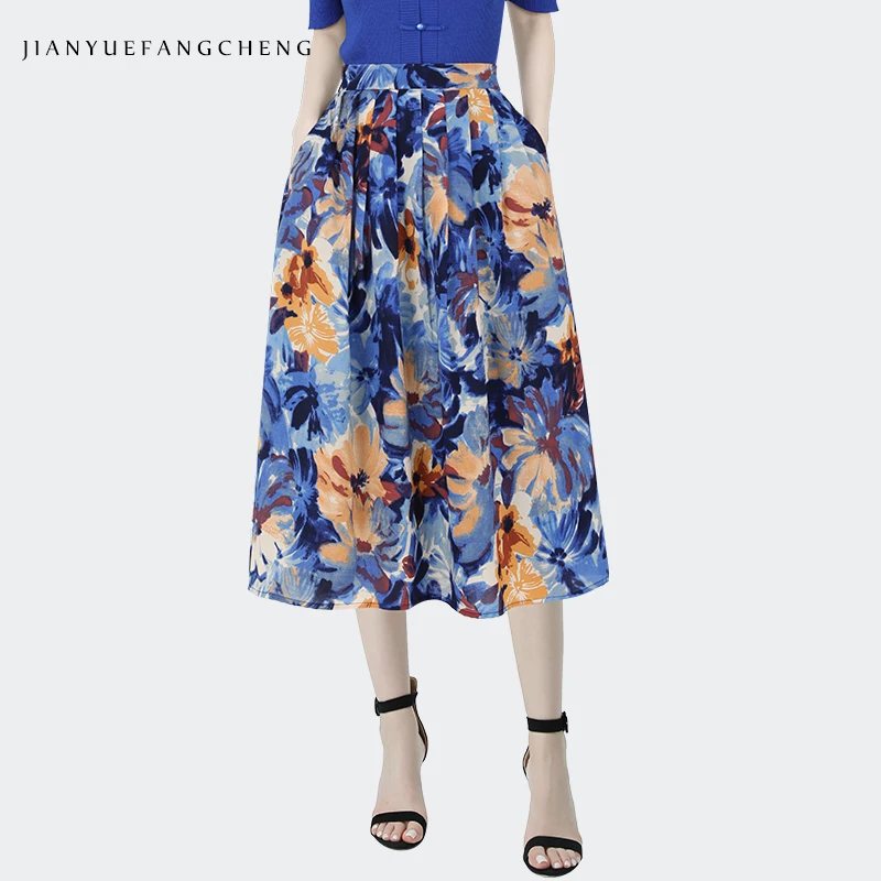 

Fashion Blue Floral Printed Skirt Womens Spring Summer High Waist A-line Pleated Mid-length Skirts Elegant Flowing Big Swing