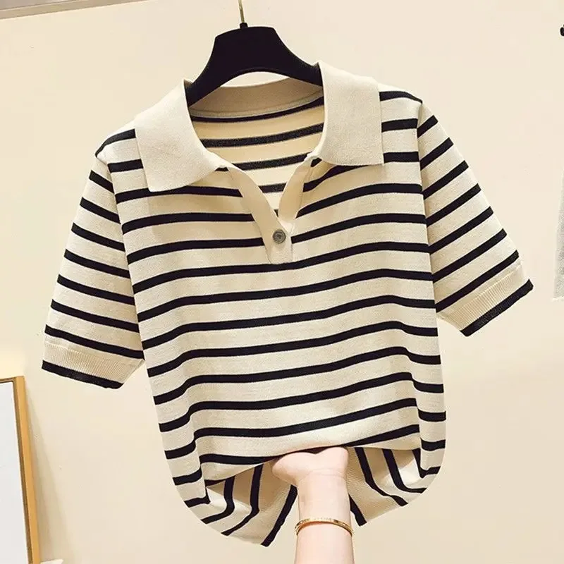 Women Clothing Fashion Polo-neck Striped Short Sleeve T-shirts Summer Vintage Button Sweet Knit Top Office Lady Loose Pullovers
