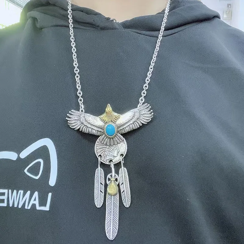 Vintage Goro's Style Gold Accent Eagle Feather Pendant, Minimalist Trendy Sweater Chain Necklace