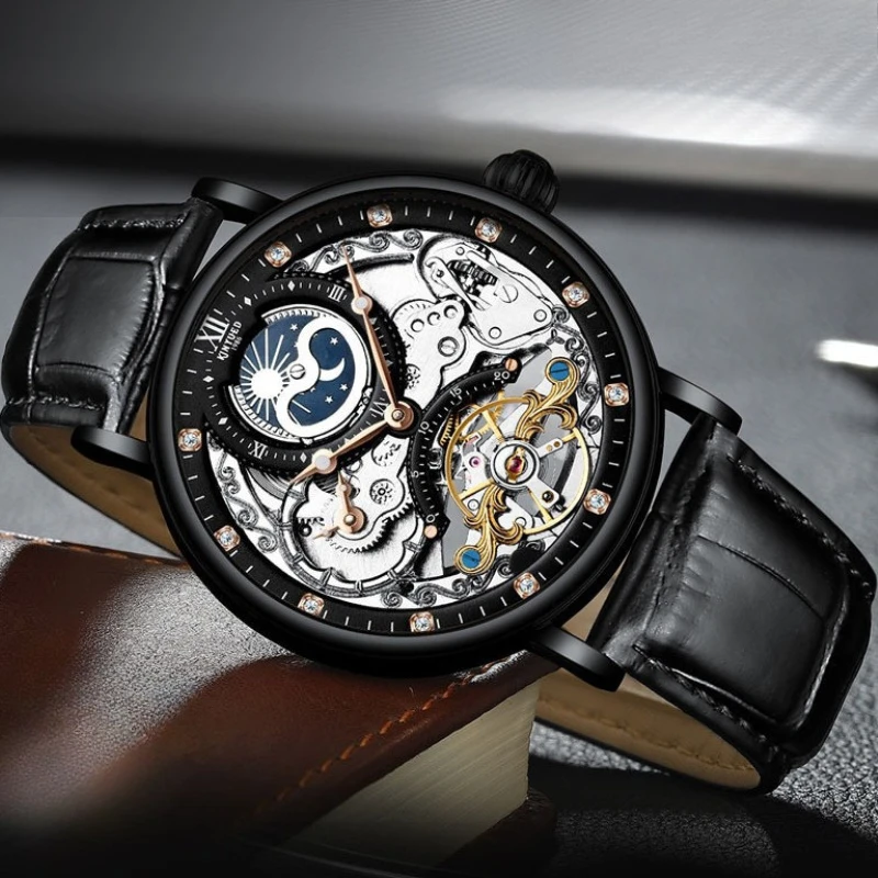 

Уникальные мужские автоматические механические часы с двумя часовыми поясами, водонепроницаемые, с ремешком, для бизнеса и отдыха, с ночной подсветкой