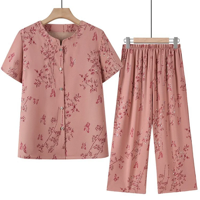 

XL-5XL Short Sleeve Trousers Set Knit Cotton Rayon Middle Aged Mother Pajamas Two Pieces Suit Women's Casual Home Clothes
