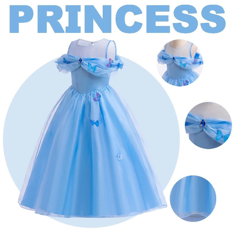 Kids Cinderalla Princess Cosplay Costume Girl's Rotary Sleeve Butterfly Decorative Puff Dress Fancy Birthday Party Dress