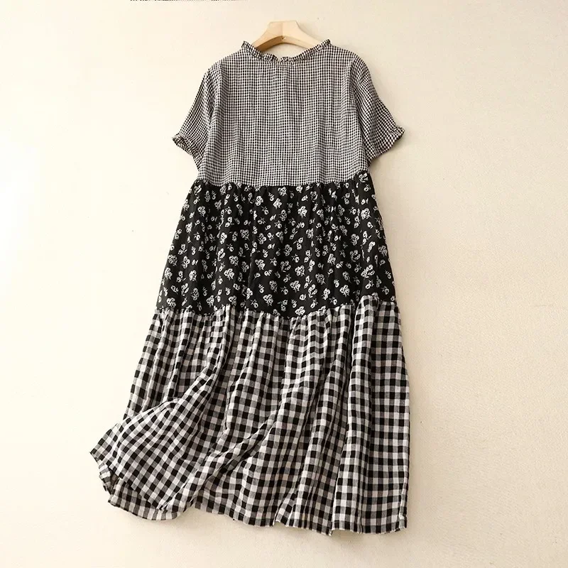 2023 Summer New Arts Style Women Short Sleeve Loose Casual O-neck Dress Patchwork Plaid Vintage Cotton Linen Dresses P111