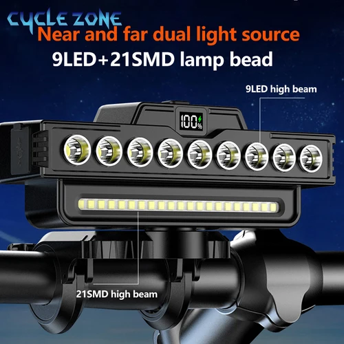Faro de bicicleta de 9 LED TYPE-C, lámpara frontal de seguridad recargable para ciclismo, pantalla de potencia, linterna para bicicleta de montaña y carretera para conducción nocturna
