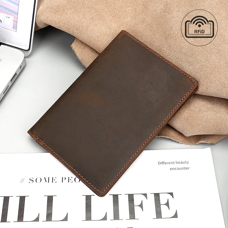 

New vintage men's leather passport bag crazy horse leather RFID antimagnetic wallet fashionable men's leather wallet